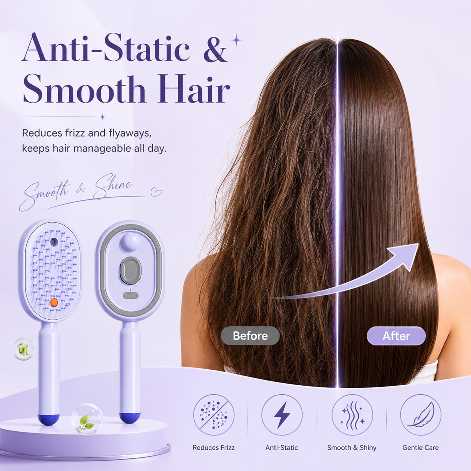 Rechargeable Steam Hair Straightening Brush - Purple