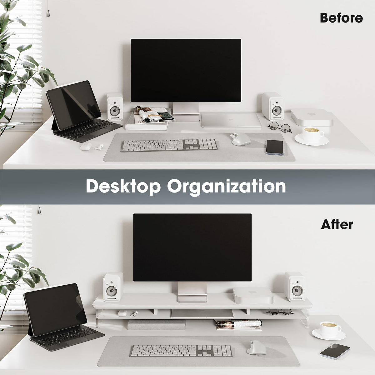 Acrylic Dual Monitor Riser 42.5 Inch - White - 2 Tier Desk Shelf, 18mm Board with Steel Core