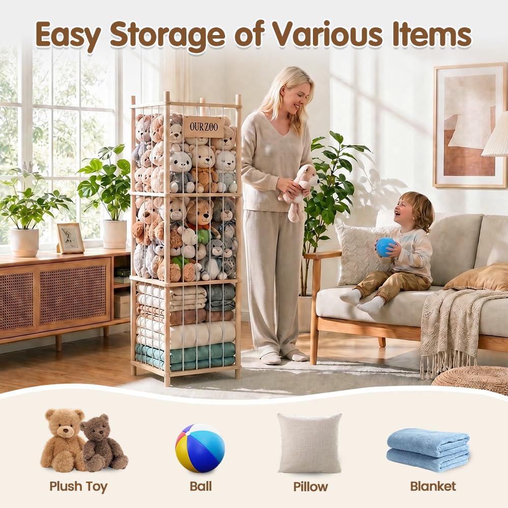 Soft Toy Storage Tower 3-Tier - Natural Wood 136cm - Holds 50+ Plush Toys, Elastic Bar Shelves