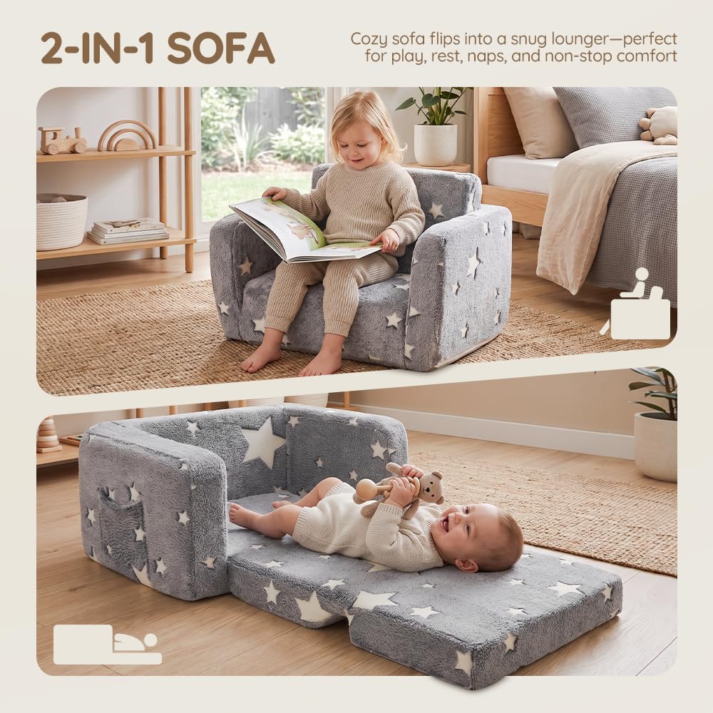 Kids Fold-Out Sofa Bed 2-in-1 - Grey Star Print - Glow-in-the-Dark, Zip-Off Washable Cover