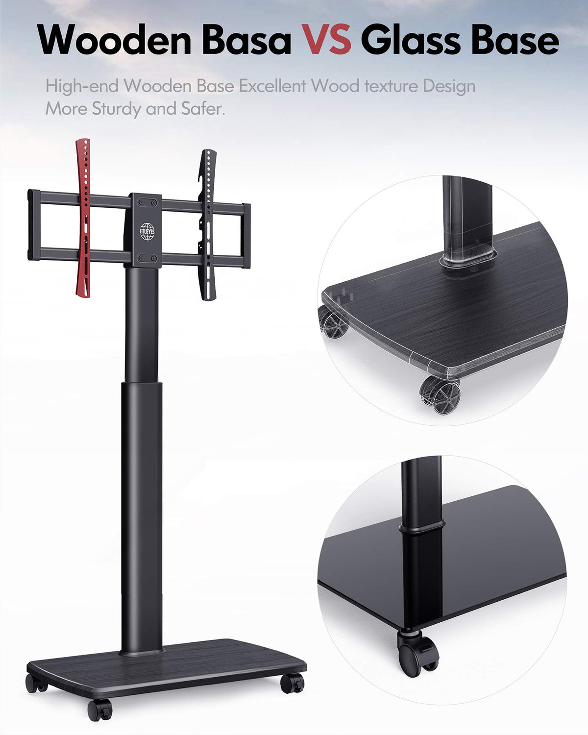 Tall Mobile TV Stand with Wood Base for 32-65 Inch TVs - Black - Swivel Mount, Height Adjustable, on Wheels