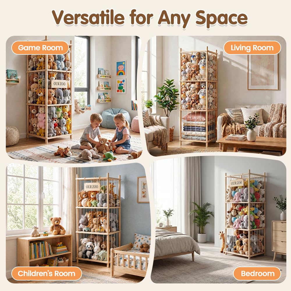 Soft Toy Storage Tower 3-Tier - Natural Wood 136cm - Holds 50+ Plush Toys, Elastic Bar Shelves