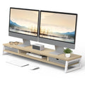 Dual Monitor Stand with Drawers 42.5 Inch - Oak - 2 Tier Wooden Desk Riser, 3 Compartments, 2 Frosted Acrylic Drawers