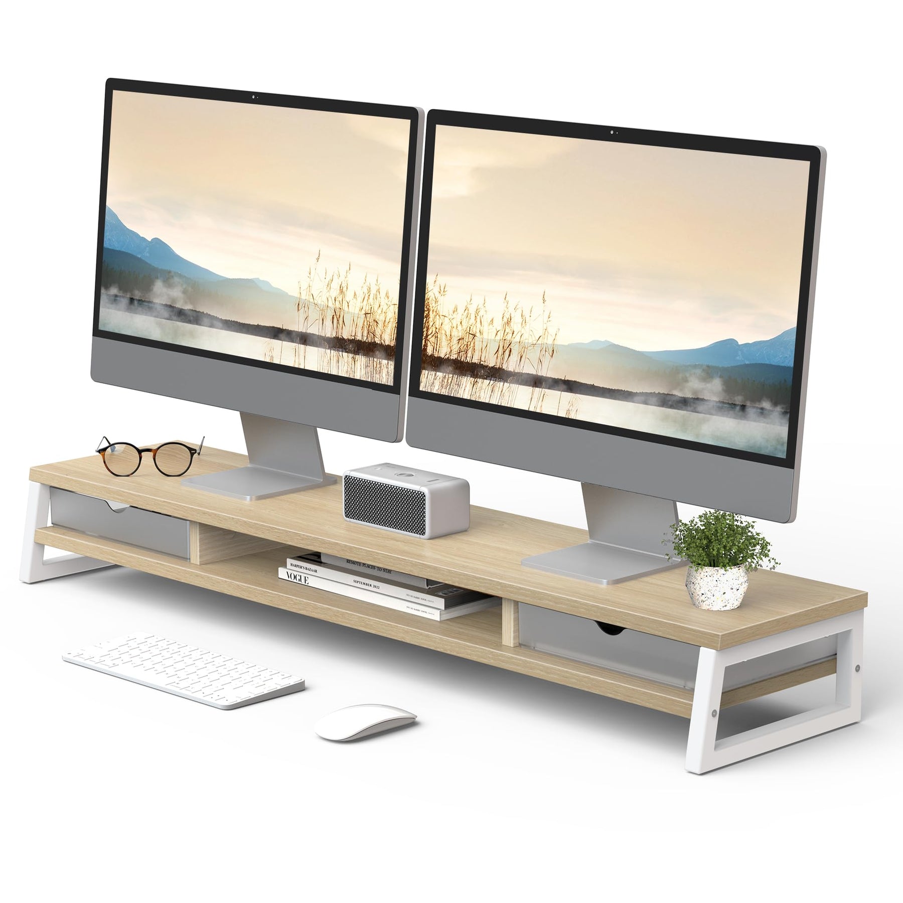 Dual Monitor Stand with Drawers 42.5 Inch - Oak - 2 Tier Wooden Desk Riser, 3 Compartments, 2 Frosted Acrylic Drawers