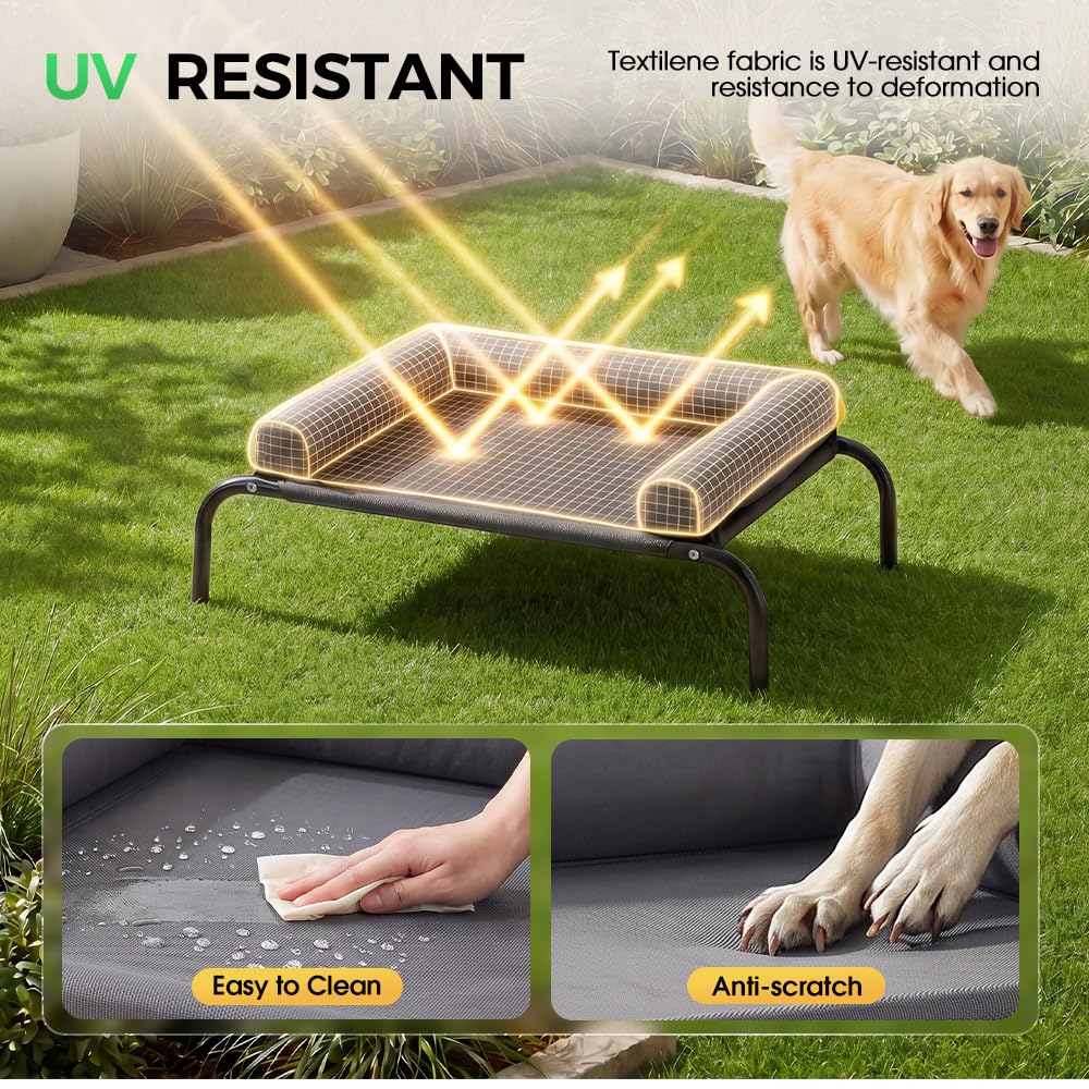Cooling Elevated Dog Bed with Bolster - Grey, Large 107 x 80 x 20cm - Textilene Mesh, Steel Frame, Holds 60kg