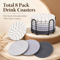 Cotton-Linen Coasters 11cm with Metal Holder - 8 Pack, Grey