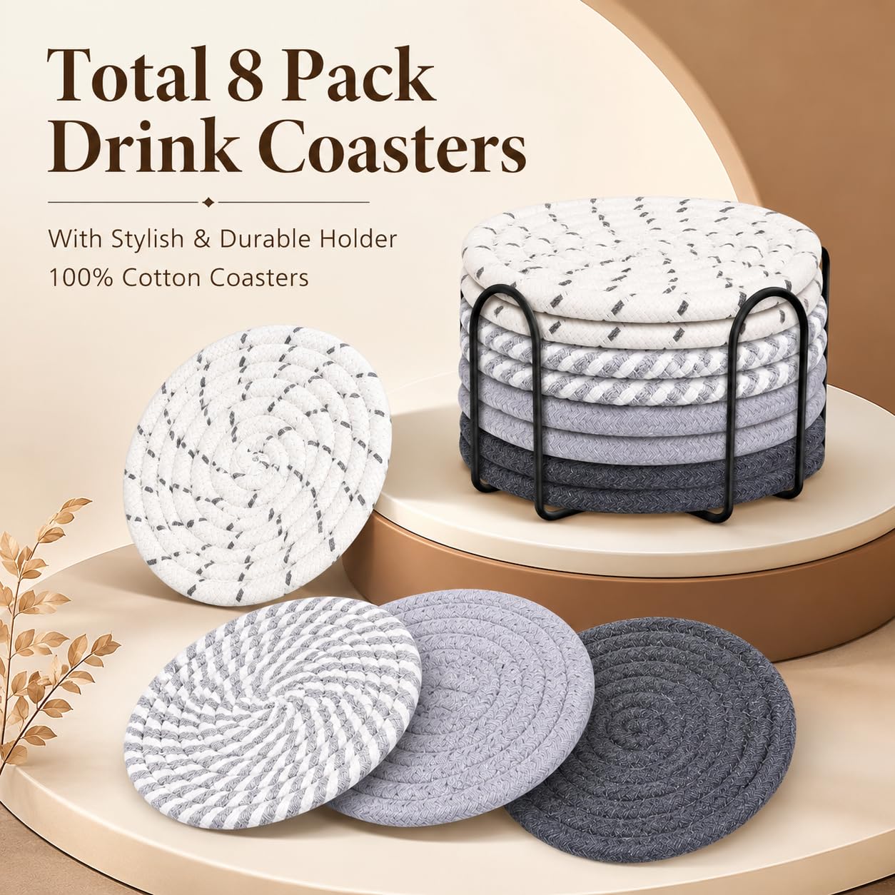 Cotton-Linen Coasters 11cm with Metal Holder - 8 Pack, Grey