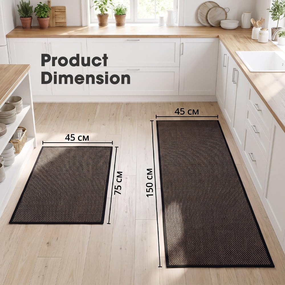 Kitchen Rug and Mat Set 2 Piece - Black - 45 x 150cm and 45 x 75cm, Anti Slip Backing, 3.4mm Thick, Washable
