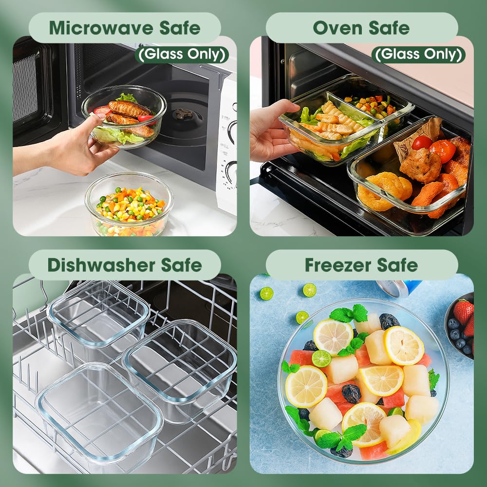 Glass Food Storage Containers 10 Pack - 1040ml and 370ml - Borosilicate Glass, Snap Lids with Silicone Seals, BPA Free