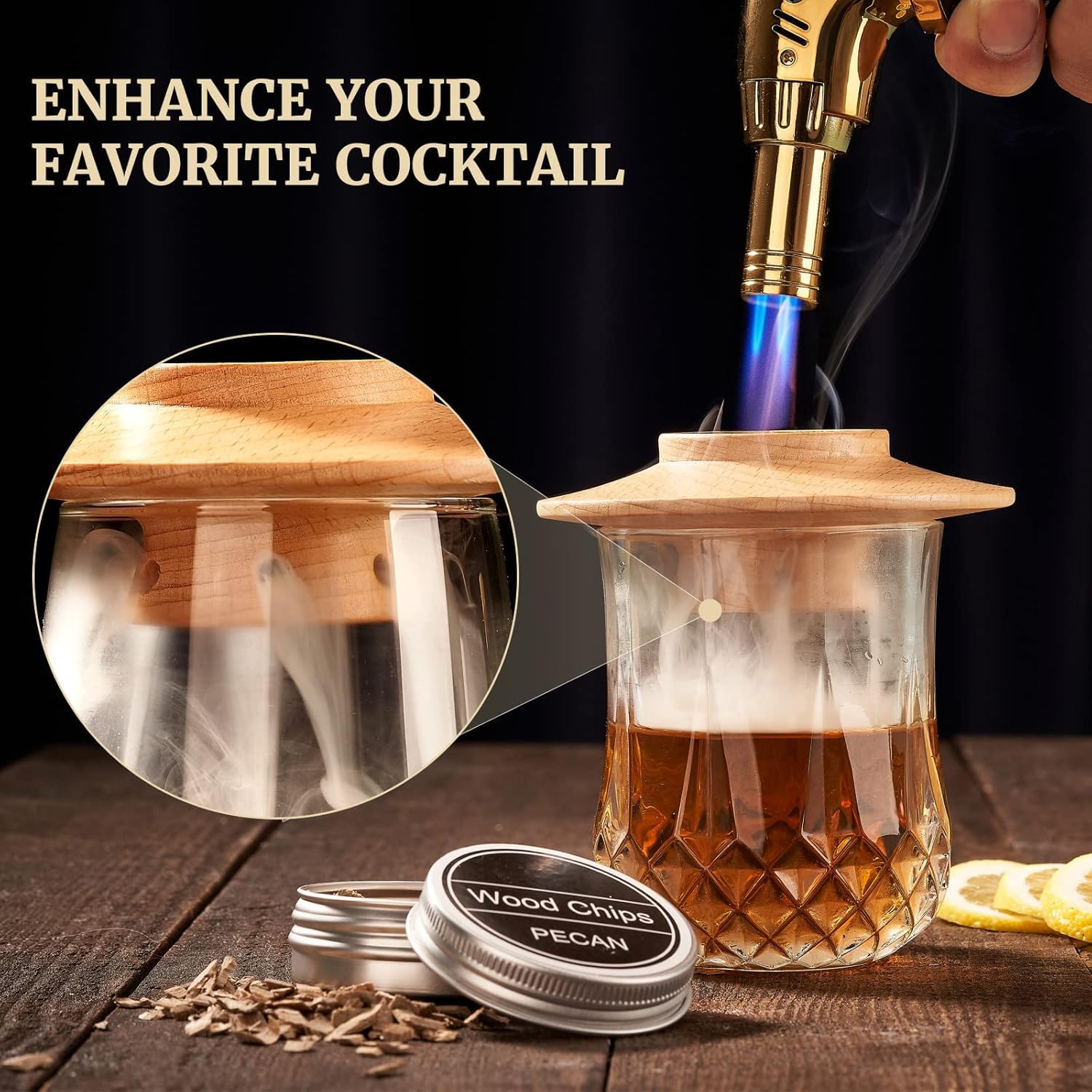 Cocktail Smoker Kit with Torch - Solid Oak