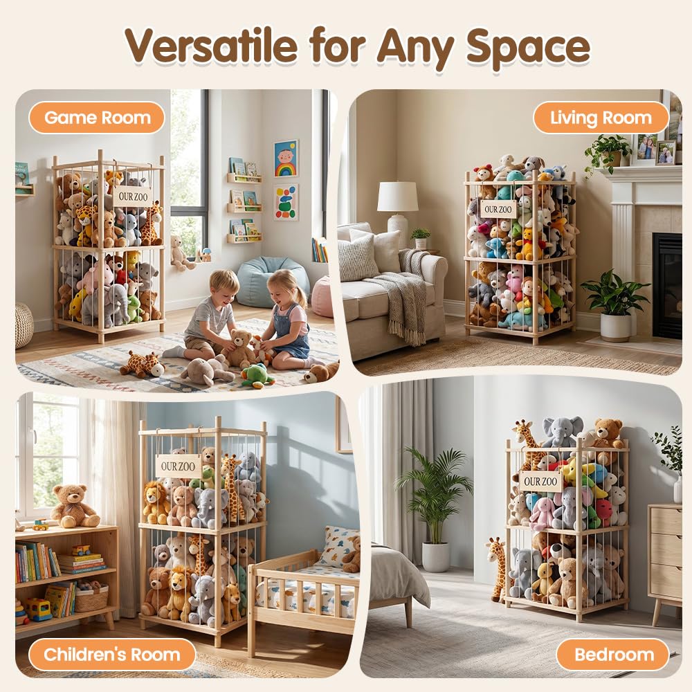 Soft Toy Storage Tower 2-Tier - Natural Wood 94.5cm - Holds 30+ Plush Toys, Elastic Bar Shelves