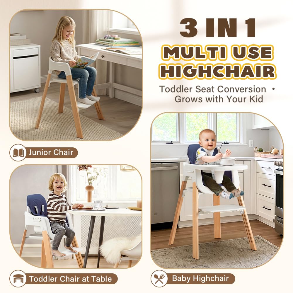 3-in-1 Wooden Baby High Chair - Blue - 5-Point Harness, Food-Grade Tray, 5-Level Footrest