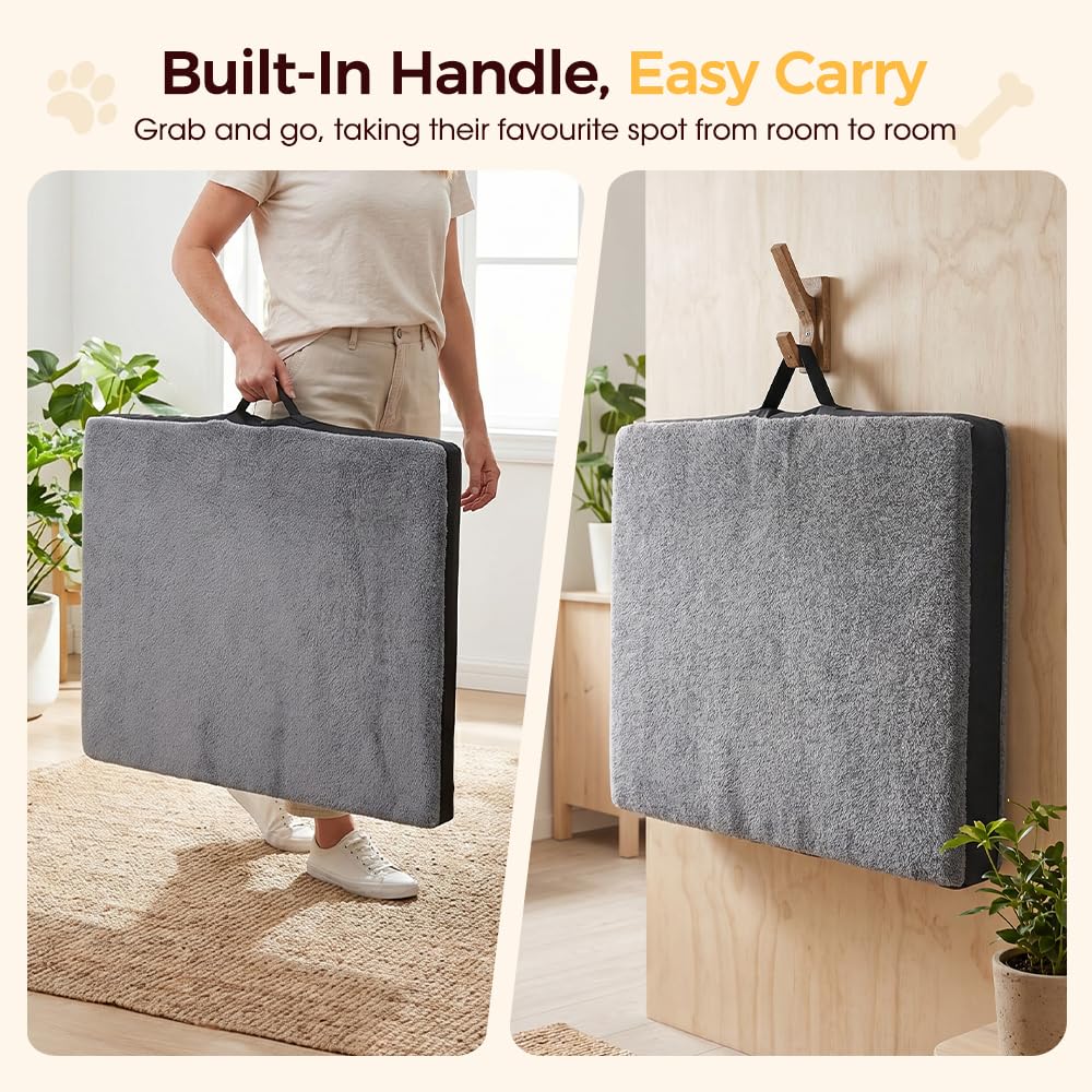 Orthopedic Dog Bed with Handle - Grey, Large 90 x 64 x 8cm - Memory Foam, Coral Fleece, Washable Cover, Non Slip