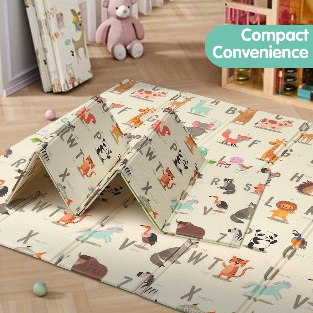 Foldable Baby Play Mat 200 x 180cm - Safari Animals - 1cm XPE Foam, Reversible, Travel Bag