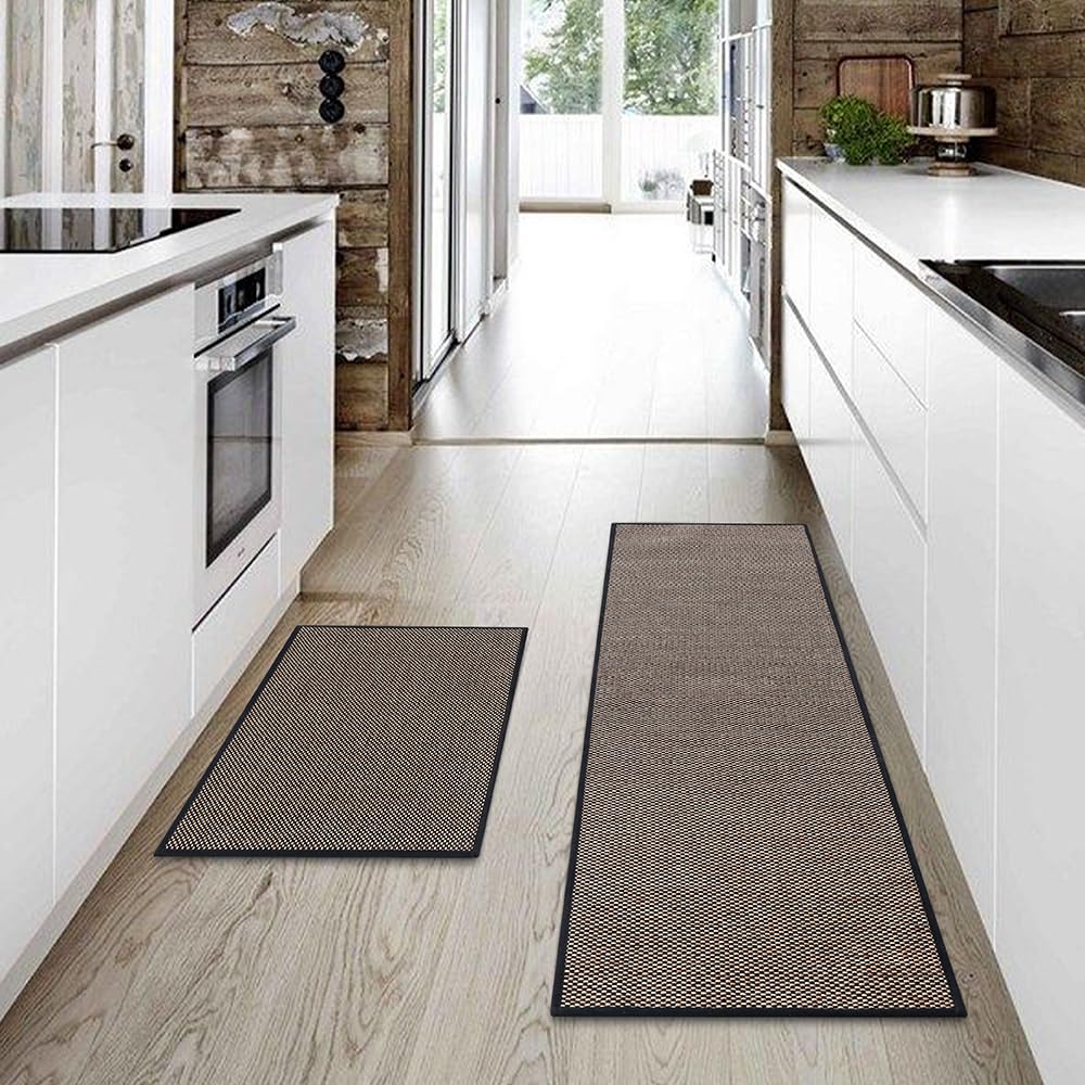Kitchen Rug and Mat Set 2 Piece - Black - 45 x 150cm and 45 x 75cm, Anti Slip Backing, 3.4mm Thick, Washable