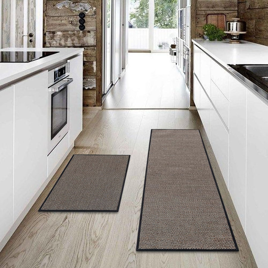 Kitchen Rug and Mat Set 2 Piece - Black - 45 x 150cm and 45 x 75cm, Anti Slip Backing, 3.4mm Thick, Washable