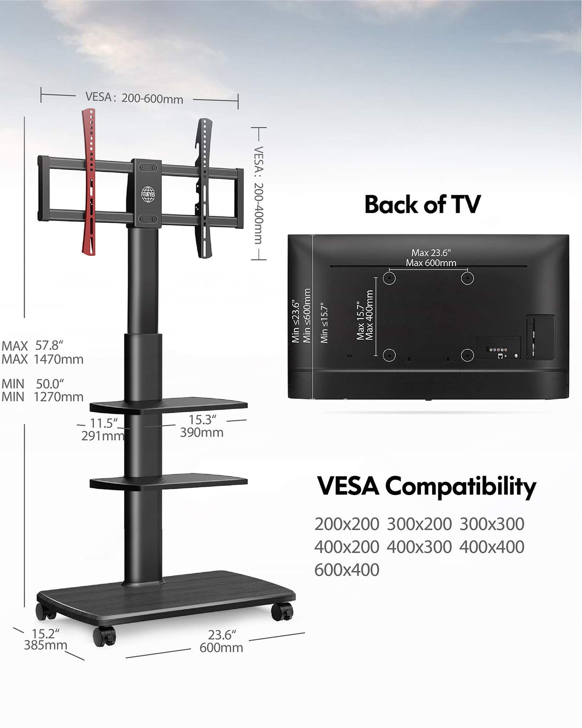 Mobile TV Stand on Wheels for 32-70 Inch TVs - Black - 3 Shelf Rolling Cart, Height Adjustable, Swivel, Holds 40kg