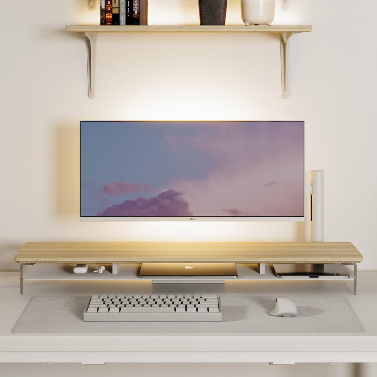 Acrylic Dual Monitor Riser 42.5 Inch - Oak - 2 Tier Desk Shelf, 18mm Board with Steel Core