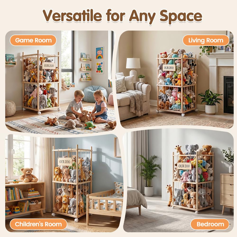 Soft Toy Storage Tower 2-Tier with Wheels - Natural Wood 94.5cm - Holds 30+ Plush Toys, Rolls Away