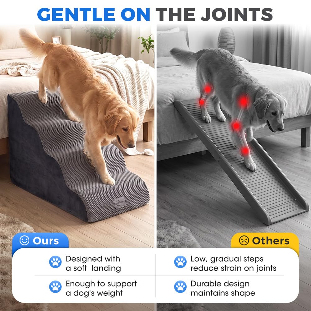 4 Step Dog Ramp 50cm High - Grey - High Density Foam Steps, Non Slip Corduroy Cover, Machine Washable