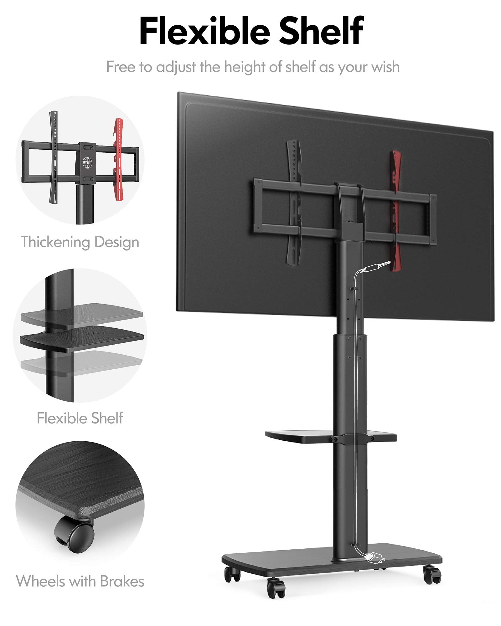 Universal Rolling TV Cart for 32-70 Inch TVs - Black - 2 Shelf Trolley, Height Adjustable, Swivel, Max VESA 600x400
