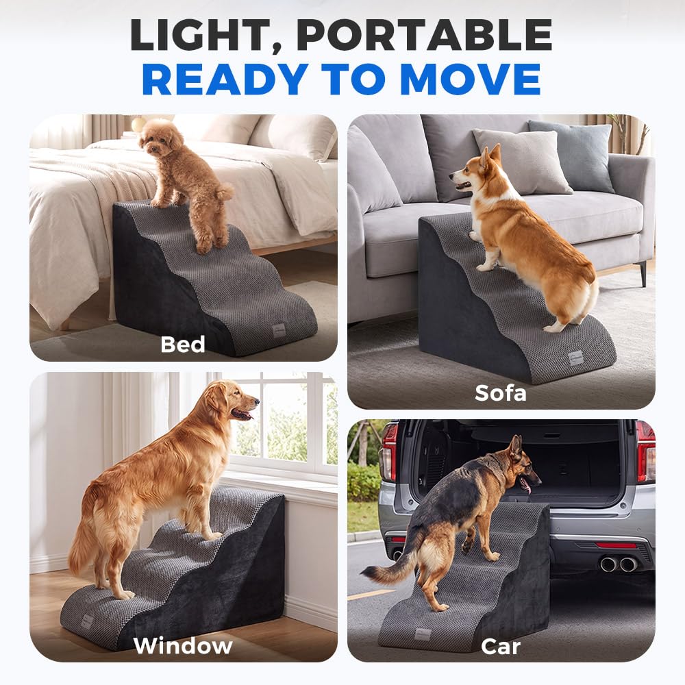 4 Step Dog Ramp 50cm High - Grey - High Density Foam Steps, Non Slip Corduroy Cover, Machine Washable