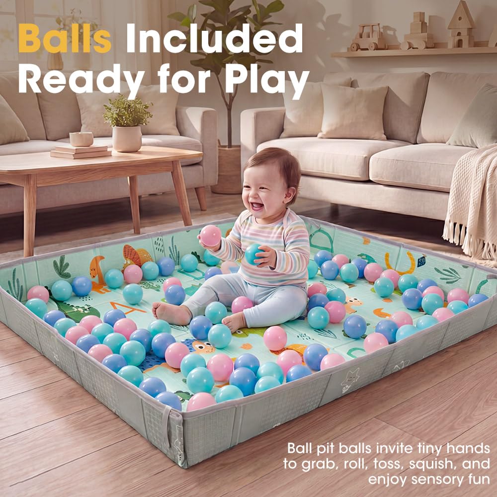 Baby Play Mat with Fold-Up Sides - Dinosaur Land - 24 Ball Pit Balls, XPE Foam, Carry Bag