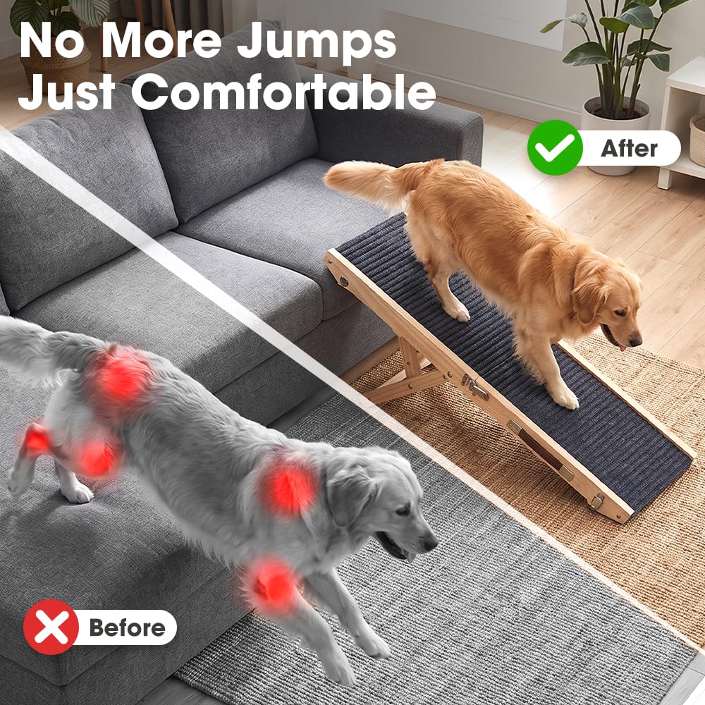 Folding Wooden Dog Ramp - Pine, Adjusts 22 to 45.5cm - Self Supporting, Anti Slip Fabric, Folds in Half