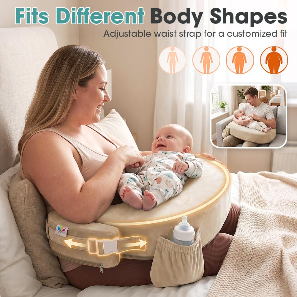 Nursing Pillow with Side Pocket - Beige - Wide Wrap-Around Fit, High-Density Foam, OEKO-TEX Cover