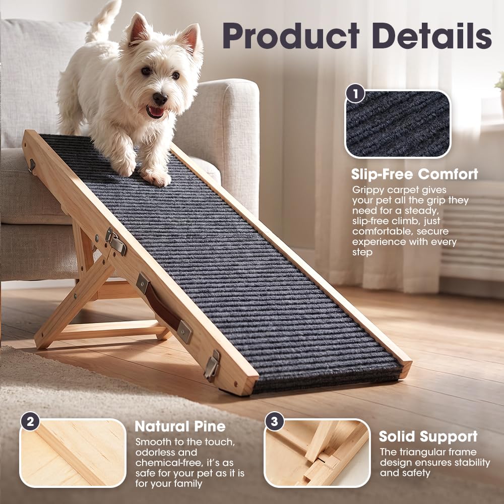 Folding Wooden Dog Ramp - Pine, Adjusts 22 to 45.5cm - Self Supporting, Anti Slip Fabric, Folds in Half