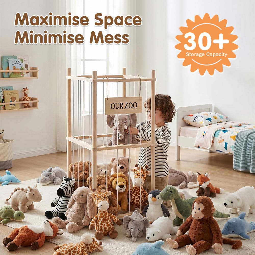 Soft Toy Storage Tower 2-Tier - Natural Wood 94.5cm - Holds 30+ Plush Toys, Elastic Bar Shelves