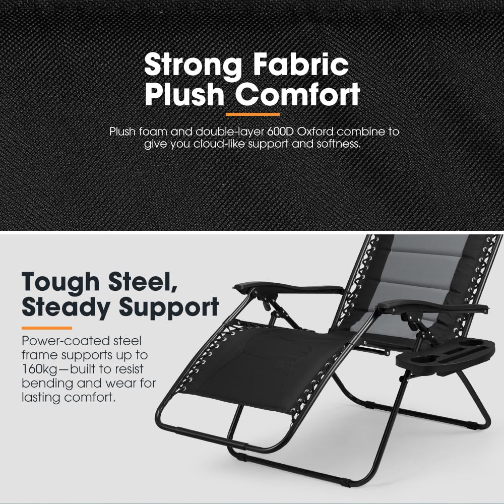 Zero Gravity Camping Chair - Black - Reclines 90 to 170 Degrees, 64cm Wide Seat, Double Layer 600D Oxford, Side Holder
