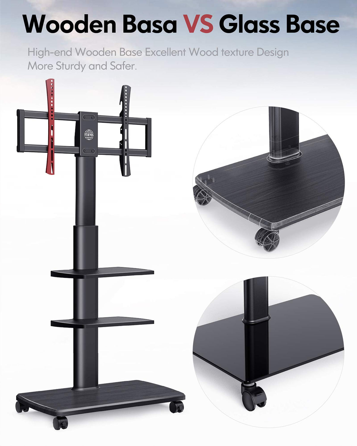 Mobile TV Stand on Wheels for 32-70 Inch TVs - Black - 3 Shelf Rolling Cart, Height Adjustable, Swivel, Holds 40kg