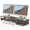Dual Monitor Riser with Drawers 42.5 Inch - Brown - 2 Tier Desktop Organiser, 15mm Wood Panel, Holds 45kg