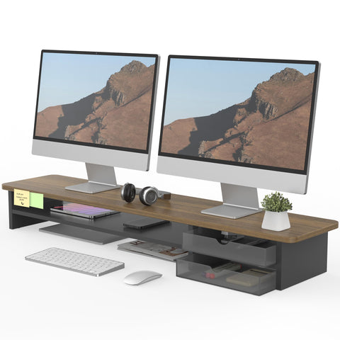 Dual Monitor Riser with Drawers 42.5 Inch - Brown - 2 Tier Desktop Organiser, 15mm Wood Panel, Holds 45kg