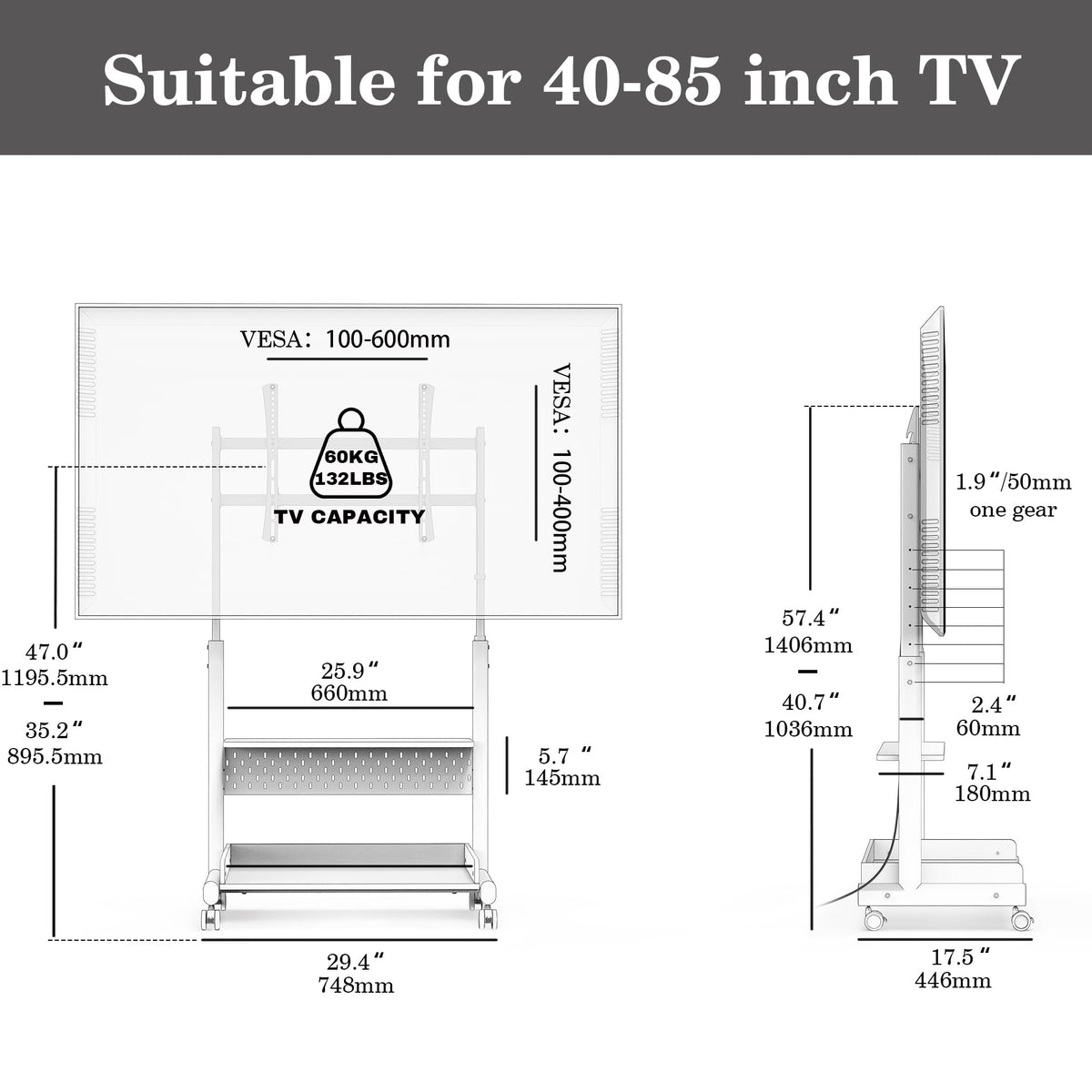 Corner TV Stand on Wheels for 40-85 Inch TVs - Black - Peg Board and Wooden Shelf Storage, Height Adjustable Mount