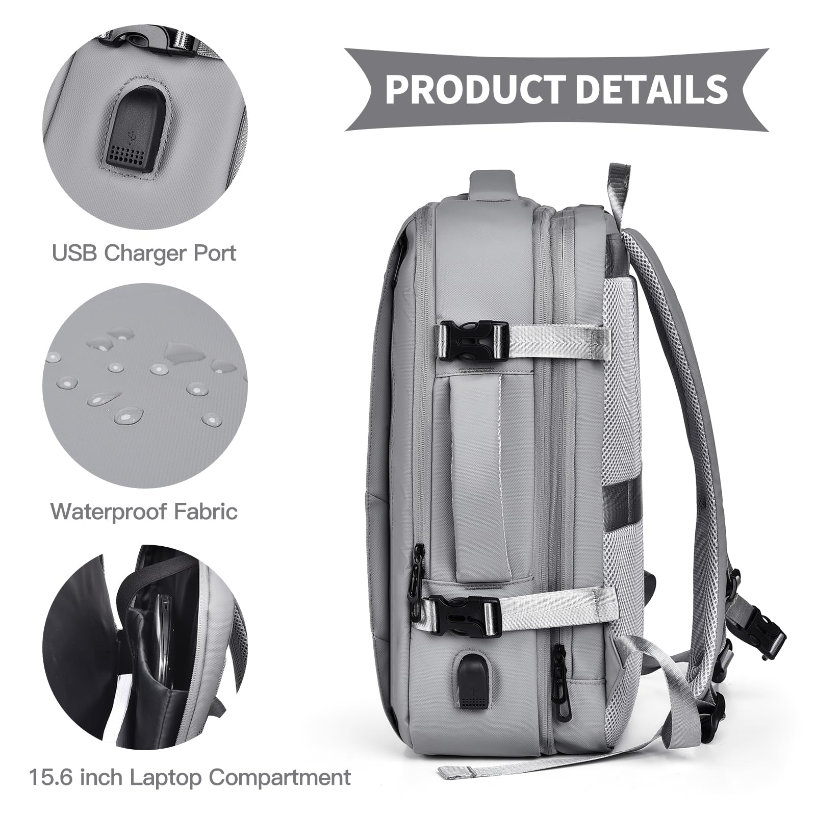 Travel Laptop Backpack 16" with USB Charging Port - Grey