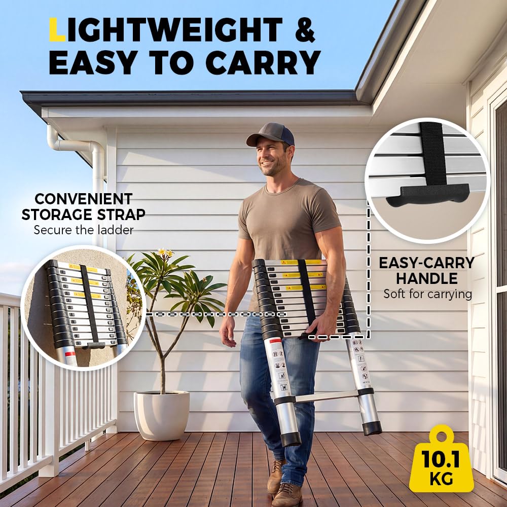 Telescopic Aluminium Ladder 3.8m - Silver - 150kg Capacity, Auto Lock Sections, Collapses for Storage, Carry Bag