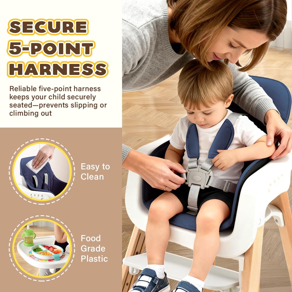 3-in-1 Wooden Baby High Chair - Blue - 5-Point Harness, Food-Grade Tray, 5-Level Footrest