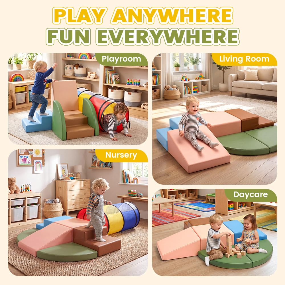 Soft Play Set 7 Piece - Morandi - Crawl Tunnel, PU Leather Foam Blocks, Non-Slip Base