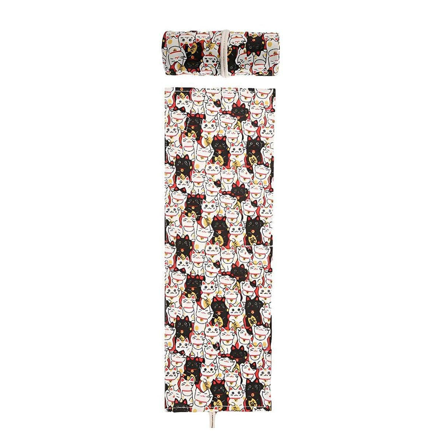 72-Hole Canvas Roll-Up Pencil Case - Lucky Cat Print, 82 x 20 cm