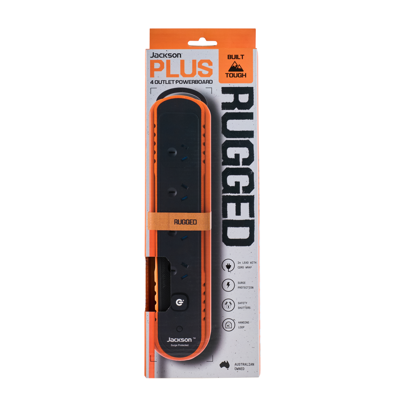 Jackson Rugged Plus 4 Outlet Powerboard - 240V 10A, Surge Protected, Master Switch