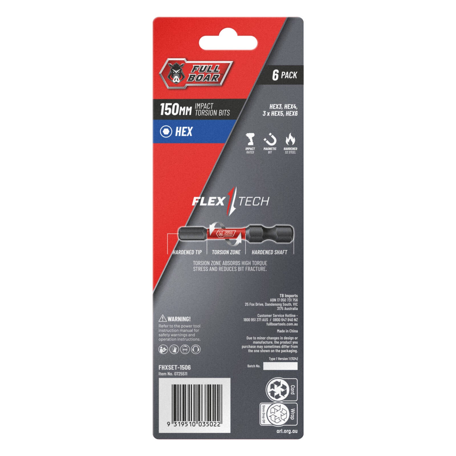 Full Boar HEX x 150mm S2 Steel Magnetic Impact Torsion Bits Set 6 Pack