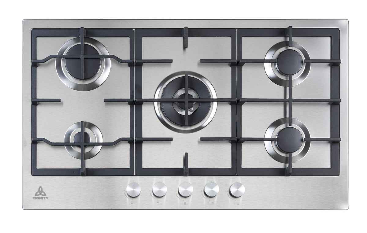 Trinity 90cm 5 Burner Gas Cooktop - Stainless Steel - Wok Burner - Cast Iron Trivets - TRG900SS
