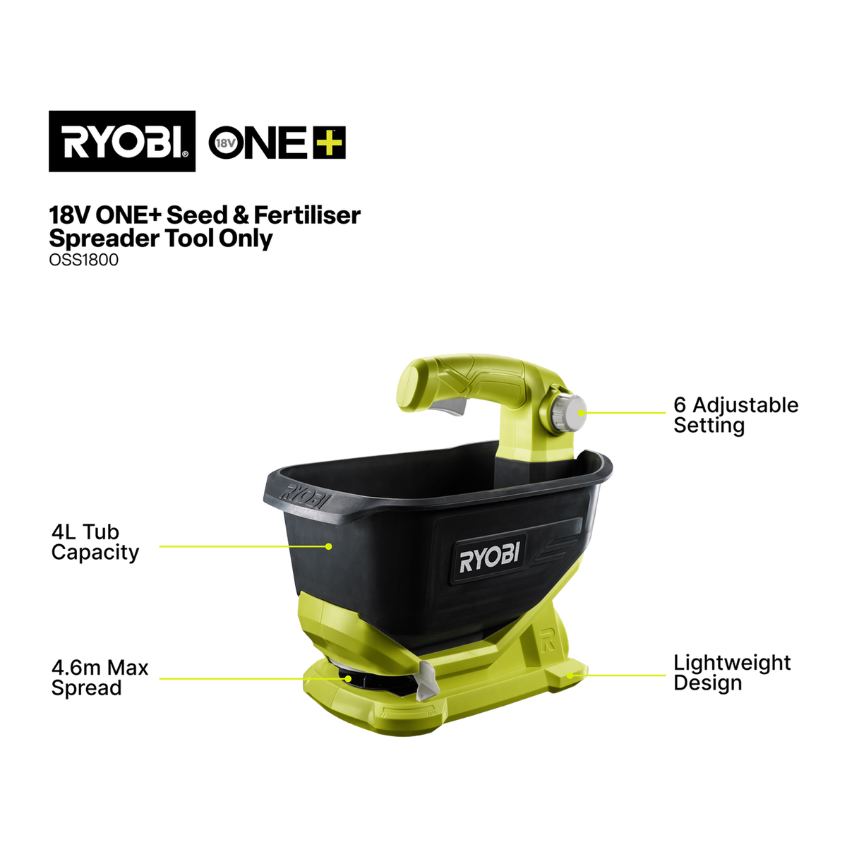 Ryobi One+ Seed and Fertiliser Spreader - 4L - Adjustable Dispersion - SuperSaverAU - view 2