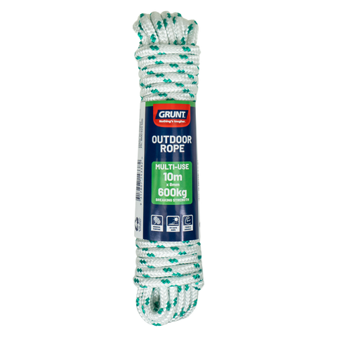Grunt 8mm x 10m Outdoor Rope, White with Green Trace, Braided PP Multi-Filament, 600kg Break Strength