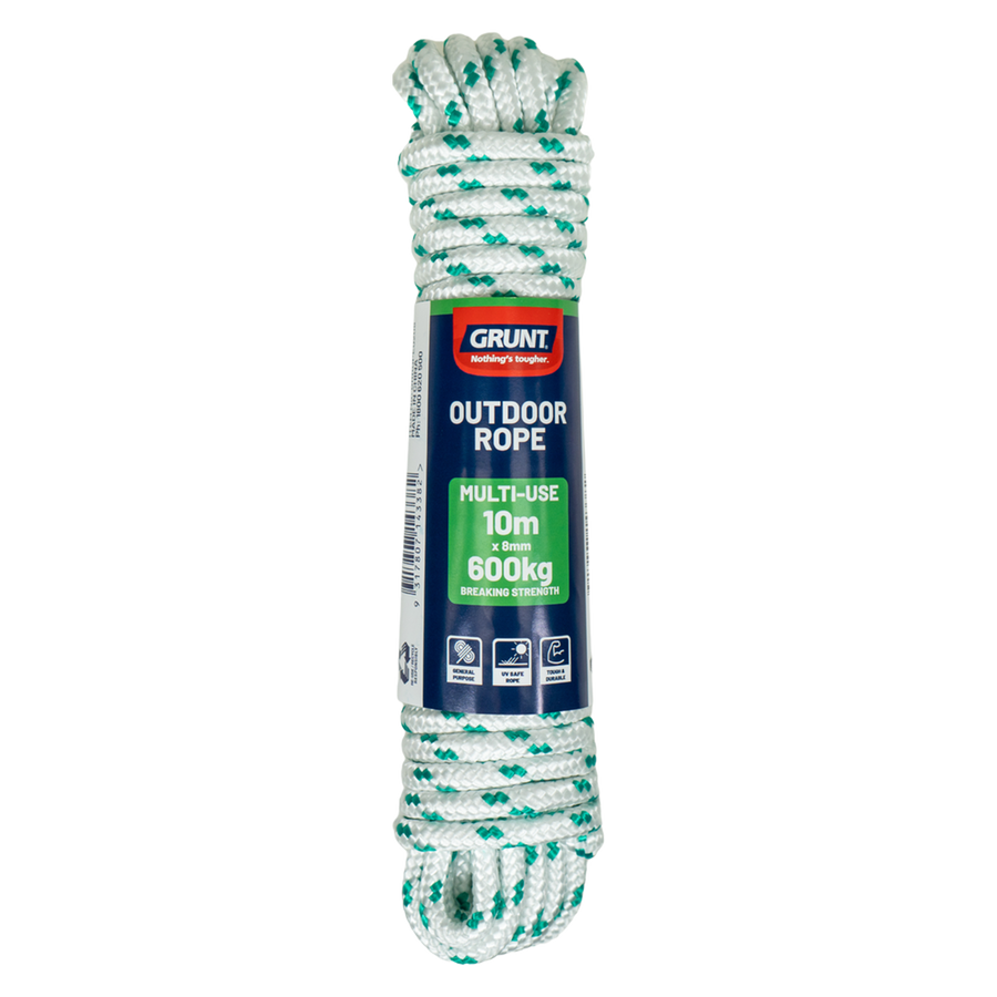 Grunt 8mm x 10m Outdoor Rope, White with Green Trace, Braided PP Multi-Filament, 600kg Break Strength