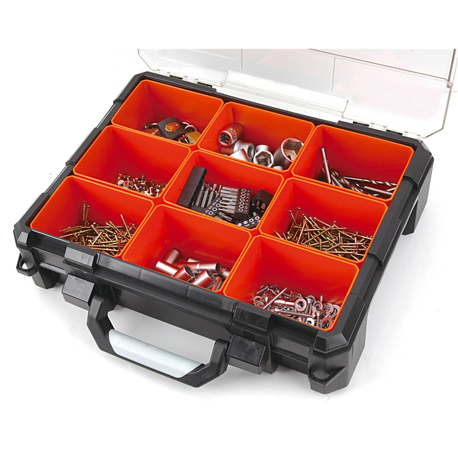 Tactix 9 Compartment Trade Quality Organiser Black & Orange Removable Tubs