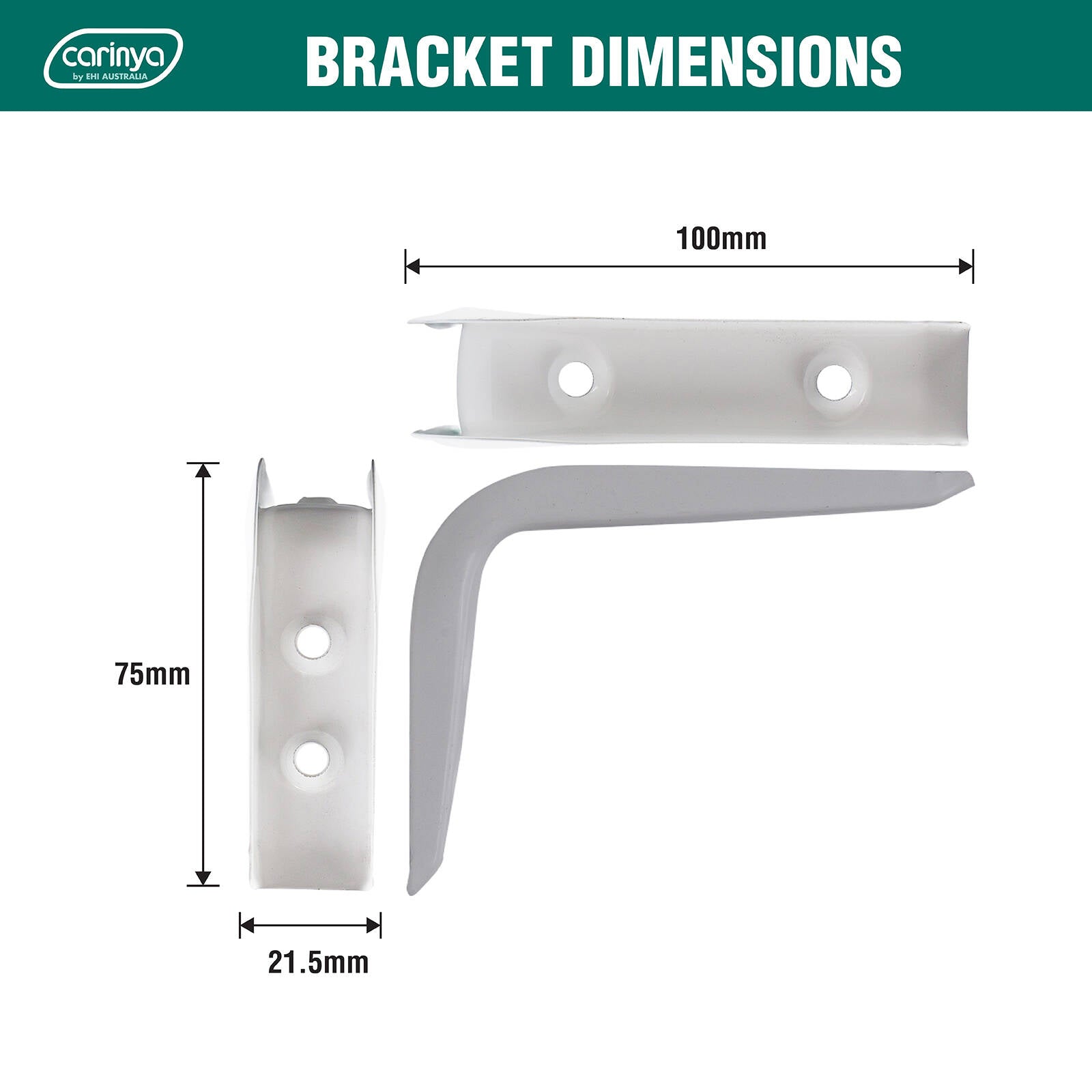 Carinya 100 x 75mm White Powder Coated Steel Angle Bracket, 50kg, Wall Mount