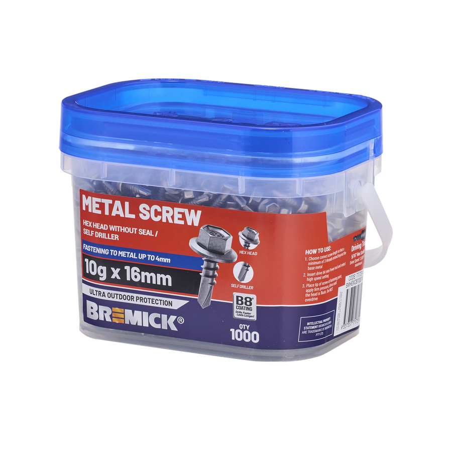 Bremick Metal Hex Screw 10g x 16mm - B8 Coating - 1000 Box - Fine Thread - SuperSaverAU - view 1